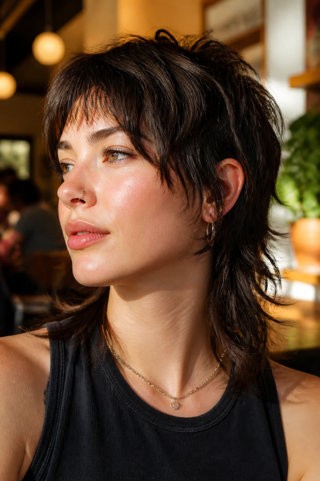 Close-up portrait of a real person with a soft mullet wolf cut and nape taper in a cafe setting