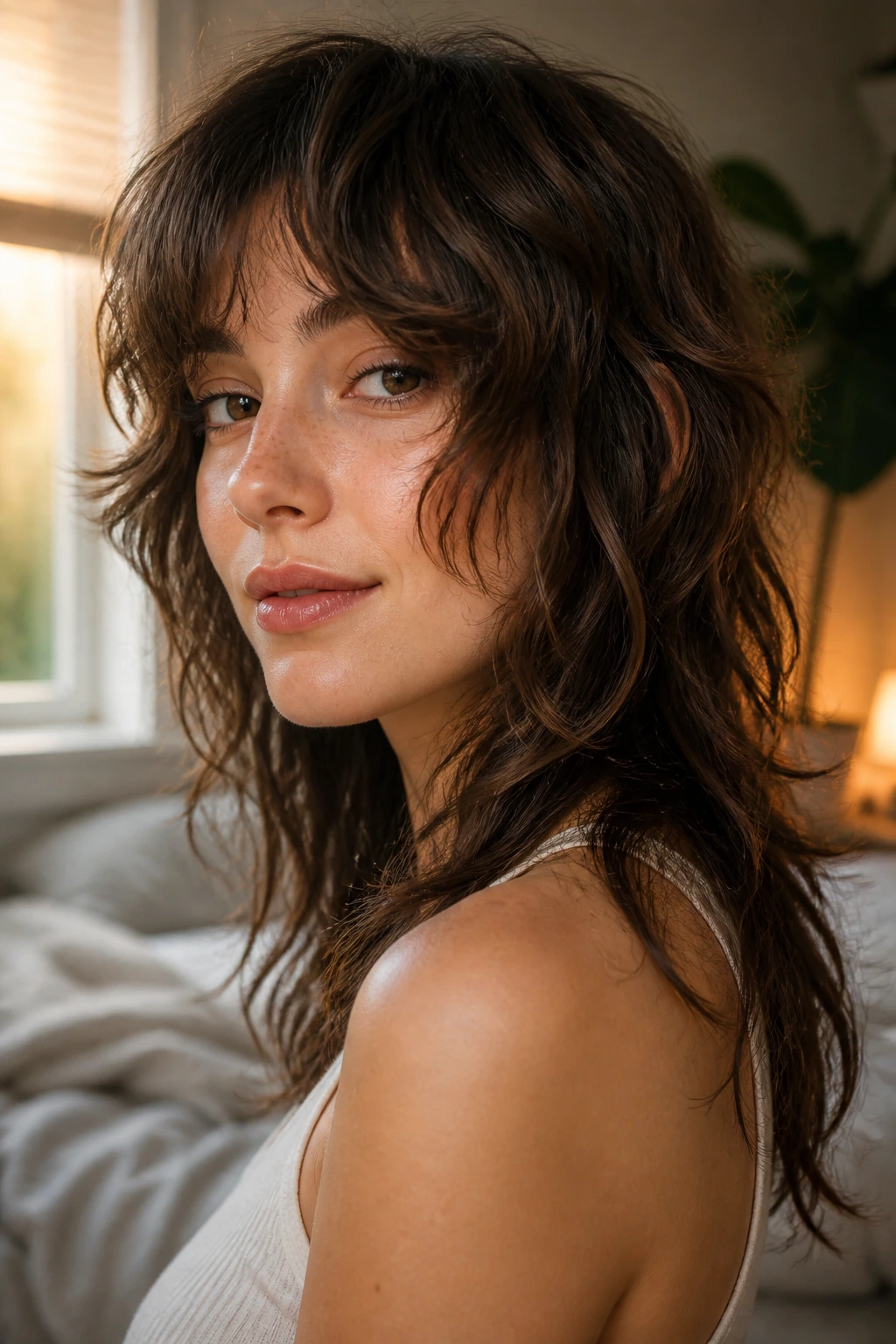 Close-up portrait of a real woman with a soft mullet wolf cut in warm window light