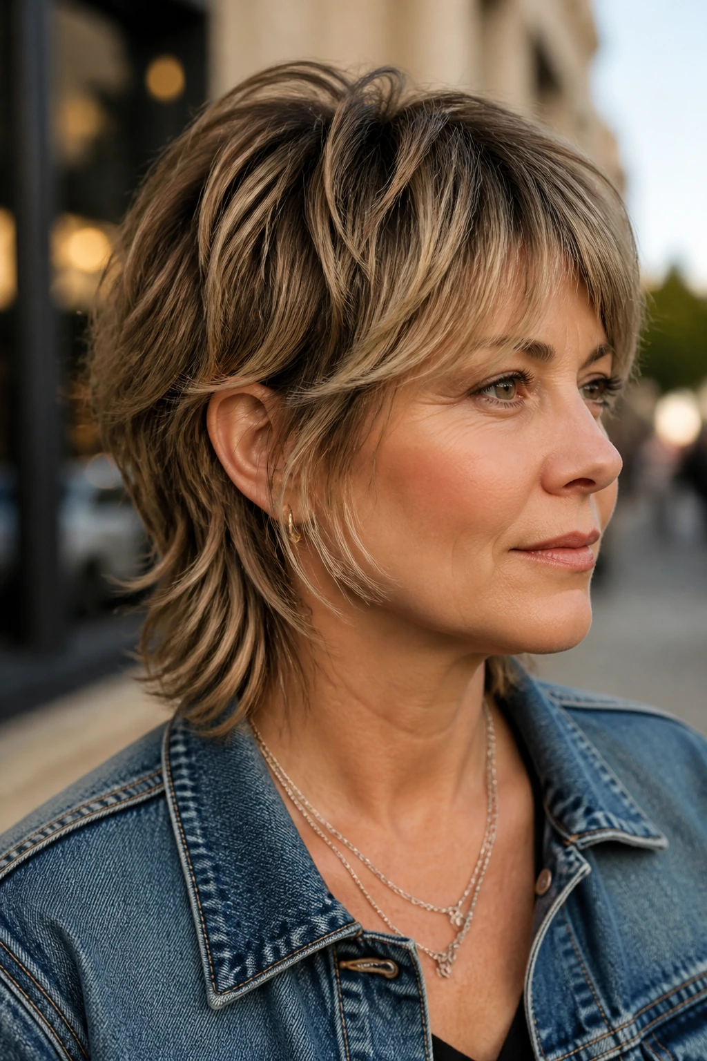 Close-up of a real person with a soft mullet wolf cut and tapered nape outdoors