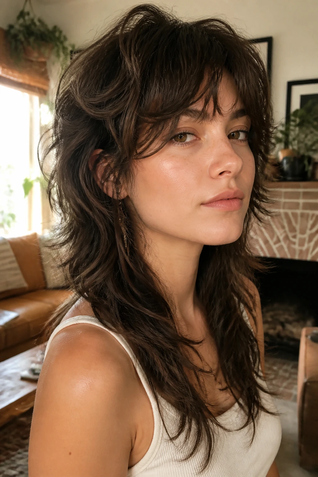 Close-up portrait of a woman with a soft mullet wolf shag and waves in warm indoor light
