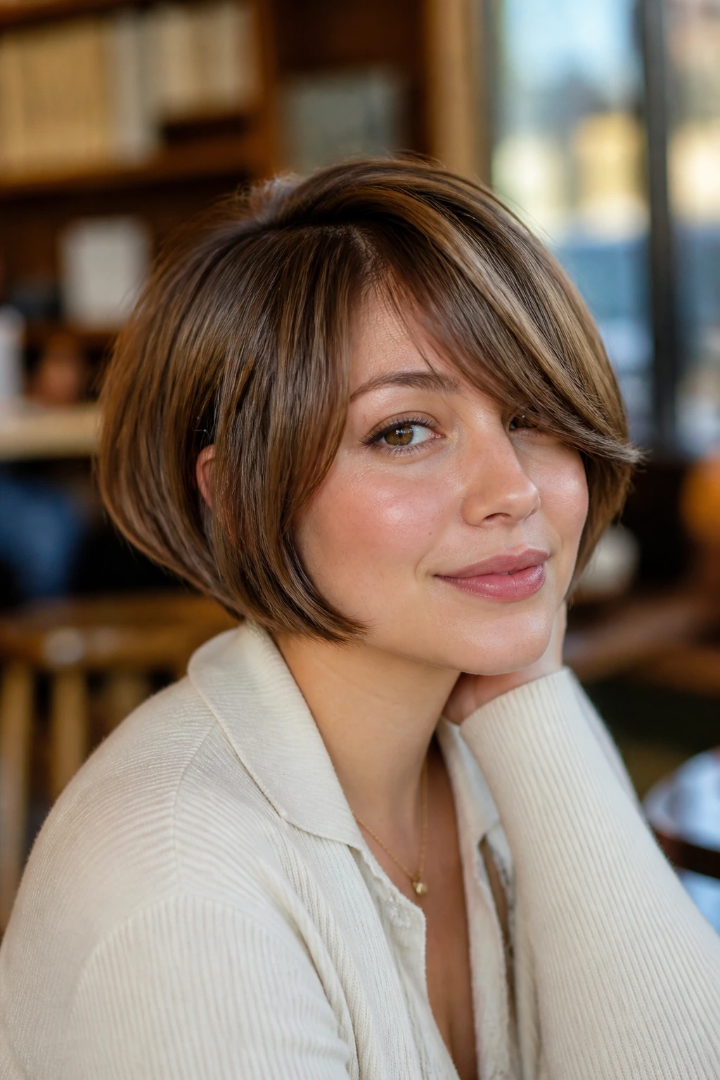 Portrait of a woman with soft mushroom bob and leaning fringe in warm cafe light