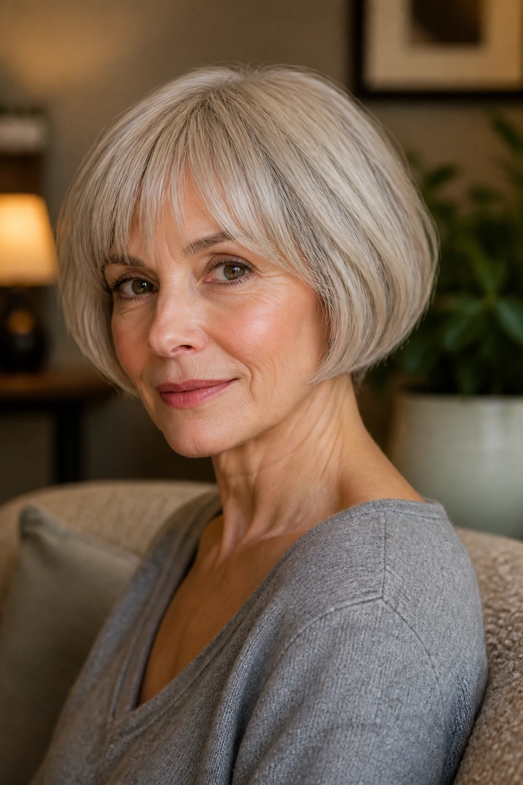 Close-up of a real woman with a soft mushroom bob in a cozy living room light.