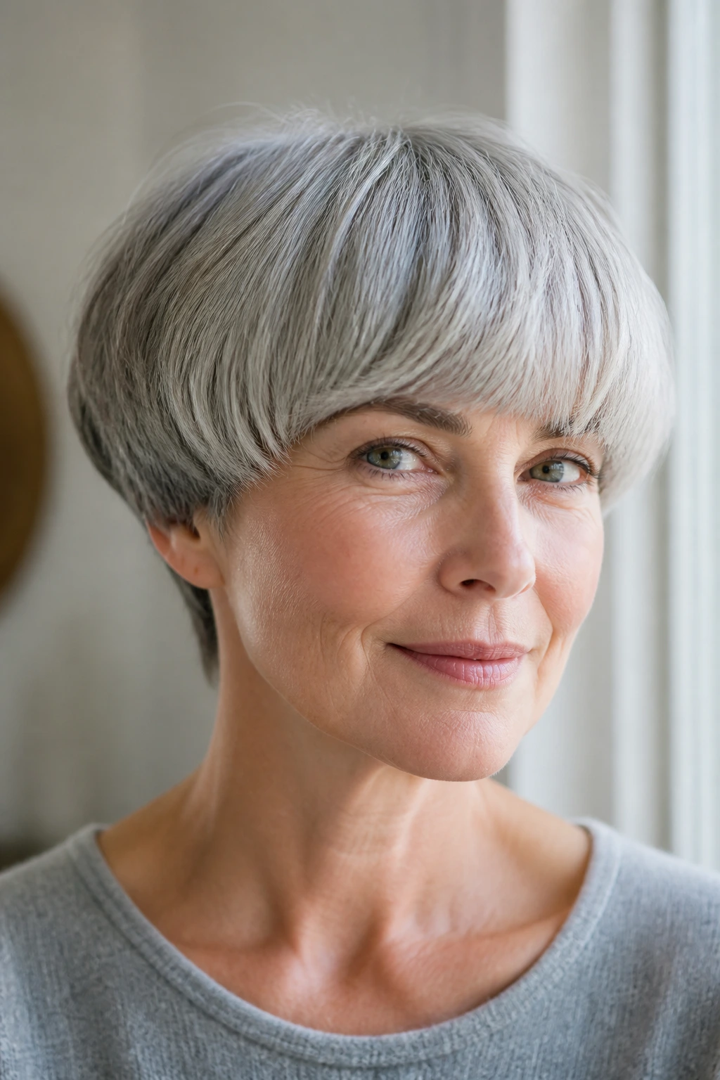 Real woman with soft mushroom crop in silver hair.