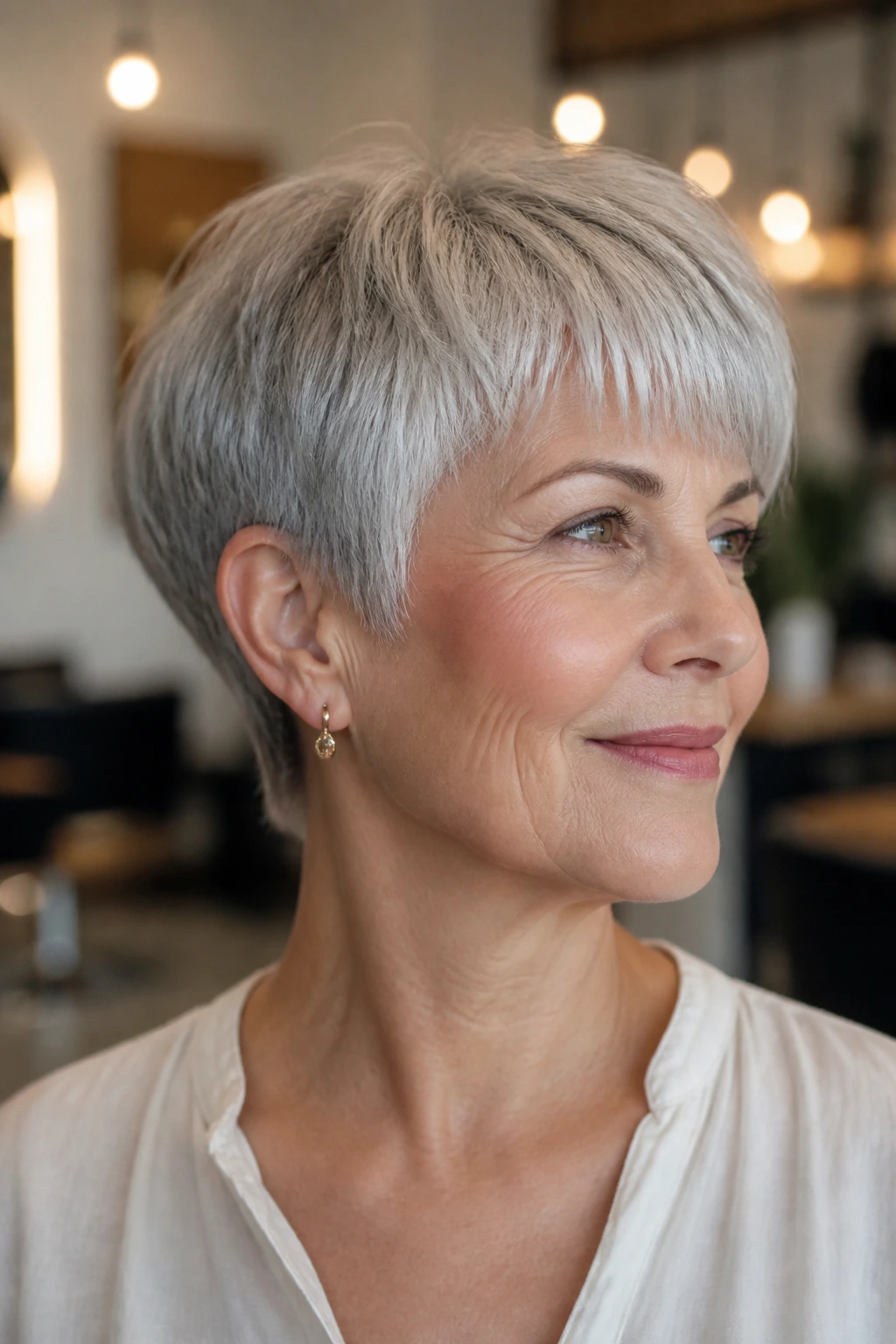 Close-up of a real person with a soft mushroom-inspired gray haircut