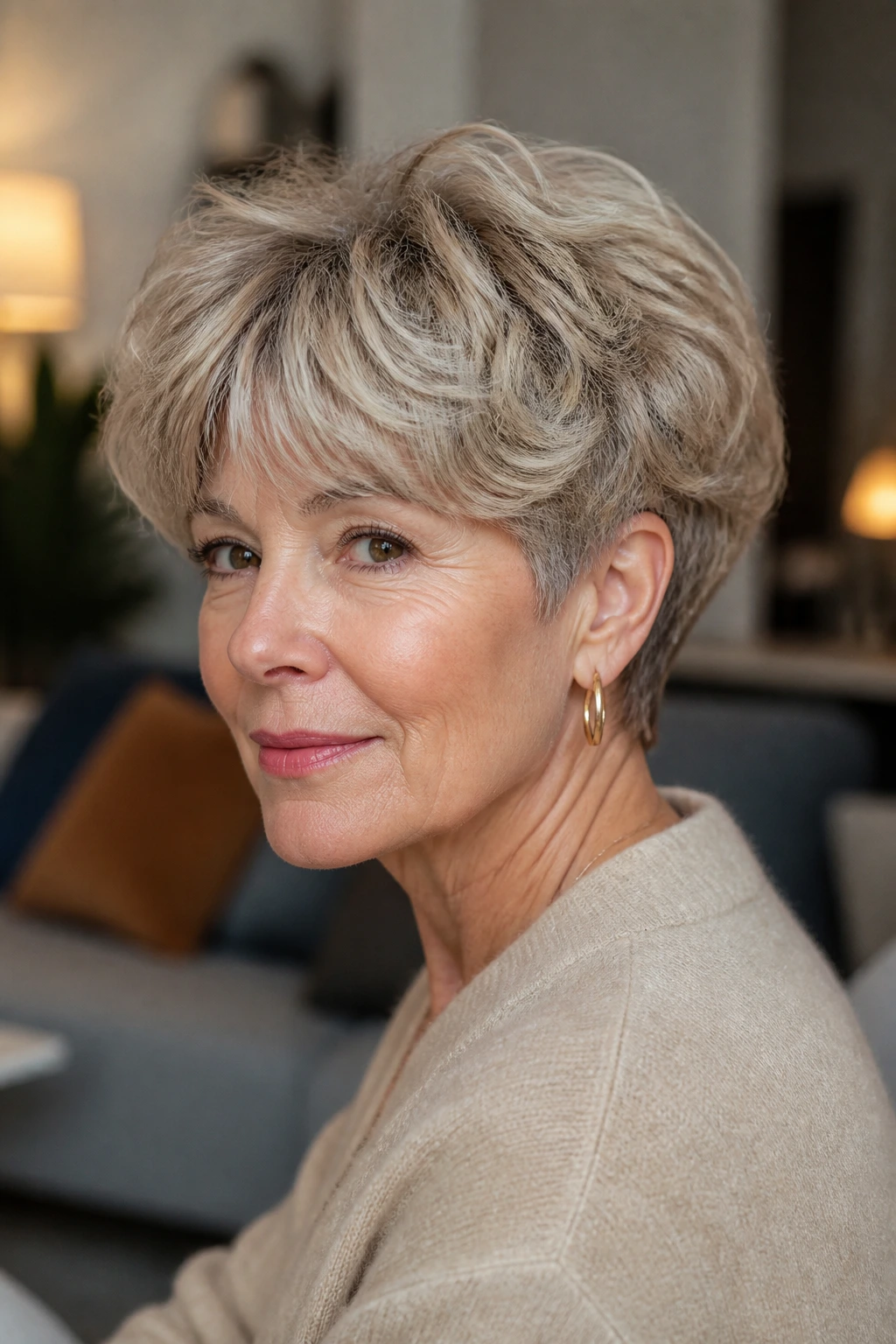 Close-up portrait of a real woman with a soft mushroom cut and movement