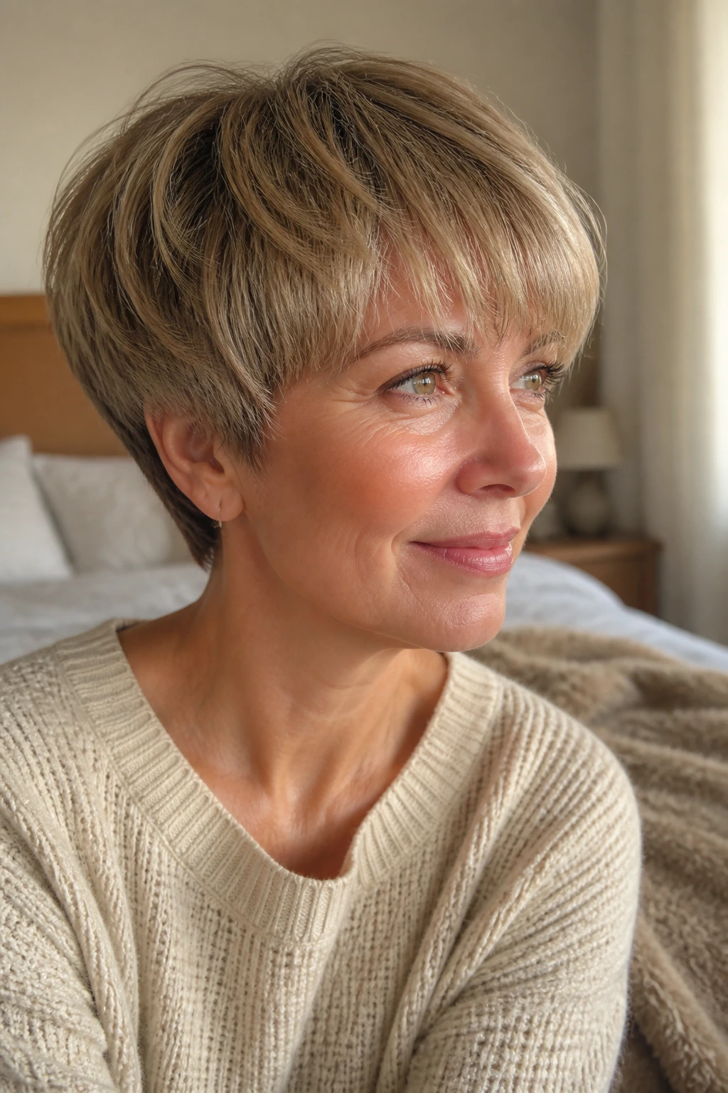 Close-up of a real woman with a soft mushroom pixie featuring rounded silhouette and feathered ends.