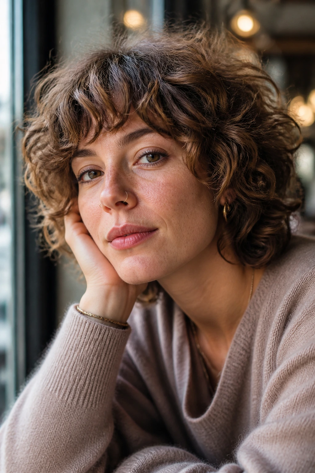 Close-up of a real person with soft mushroom shag and rounded bangs in cafe light