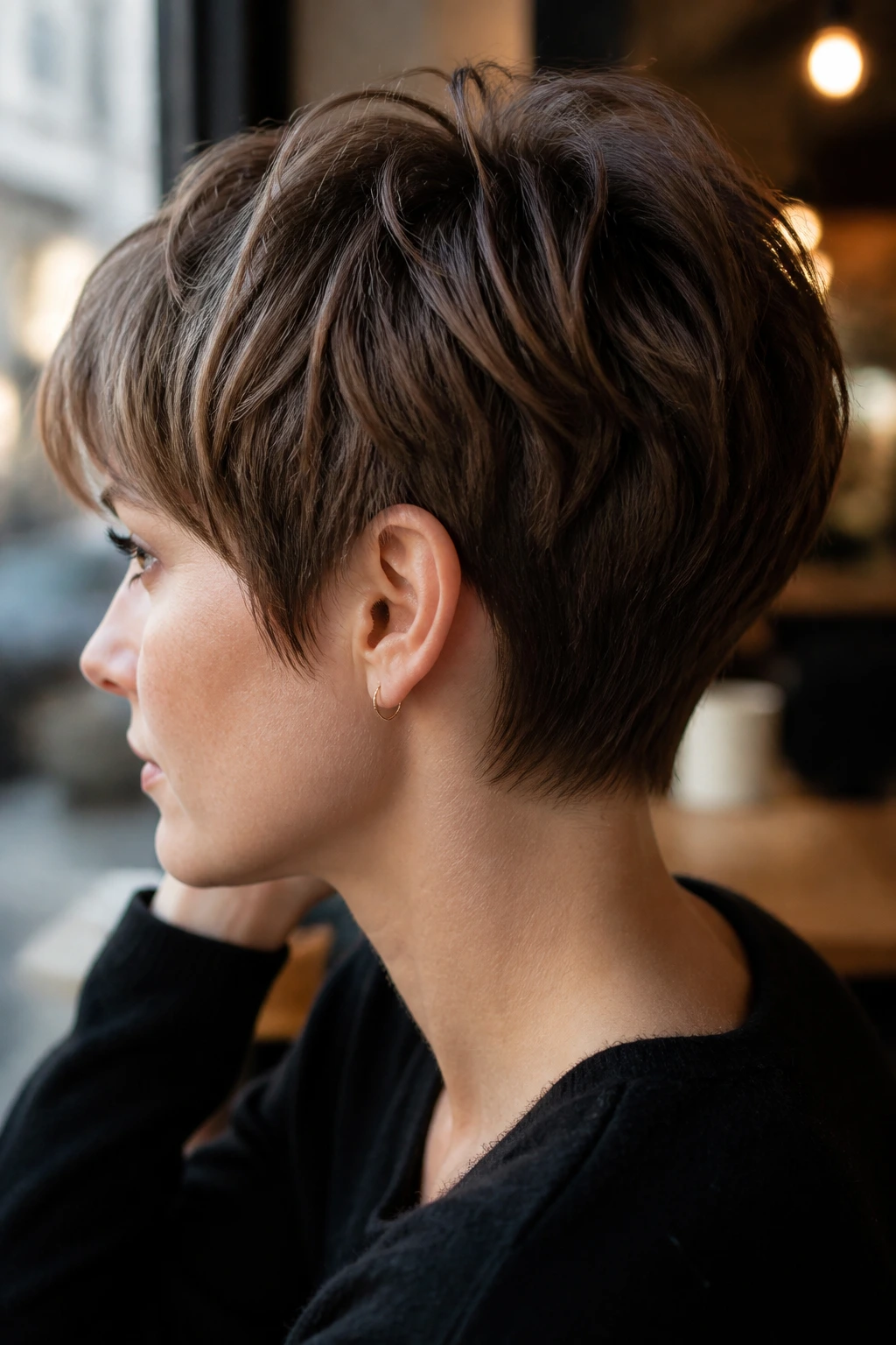 Close-up of a person with a soft nape crop.
