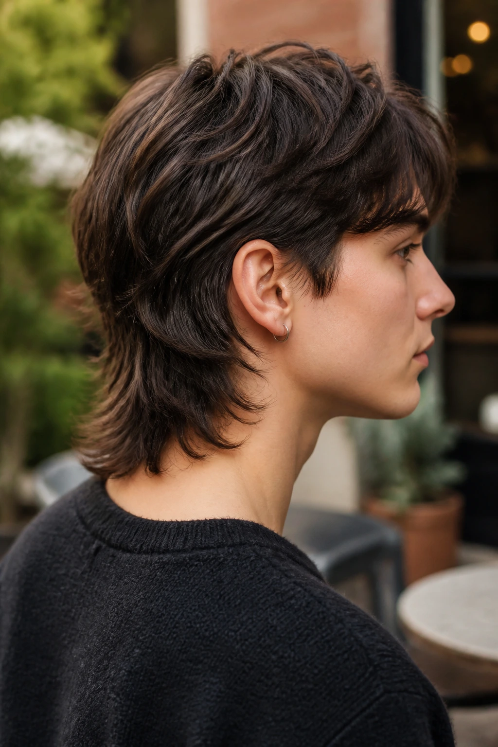 Close-up portrait of real person with soft nape mullet in a cozy courtyard