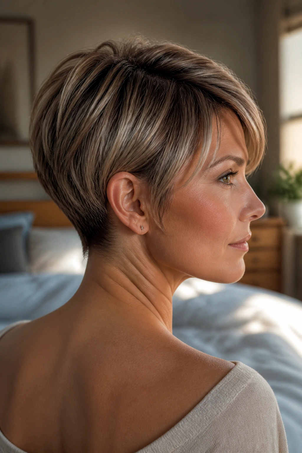 Close-up portrait of a real woman with a soft nape pixie haircut, neck visible and feathered top