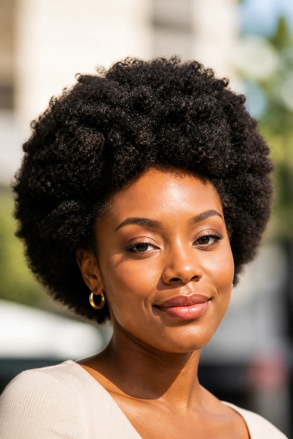 Portrait of a woman with a soft natural afro and crown shape.