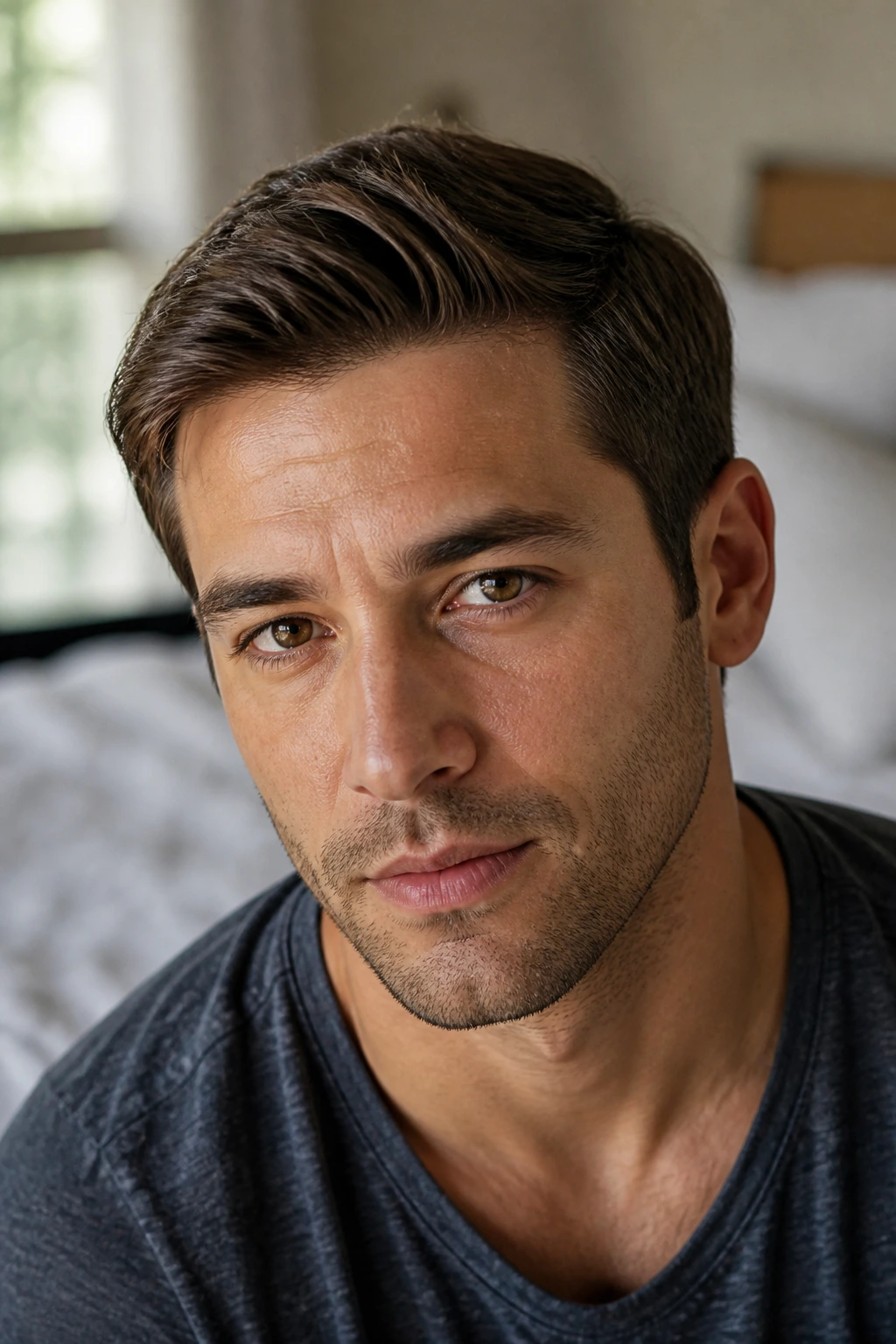 Close-up portrait of a man with a soft natural comb over in bedroom light