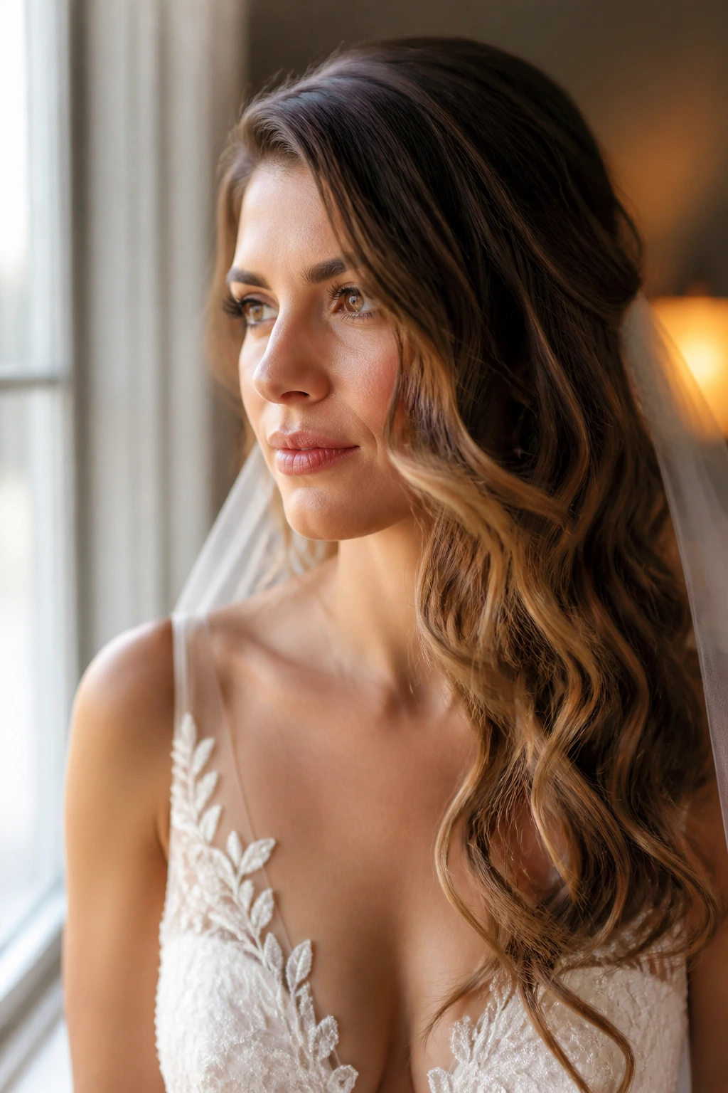 Bride with natural loose waves, side-swept, in softly lit room