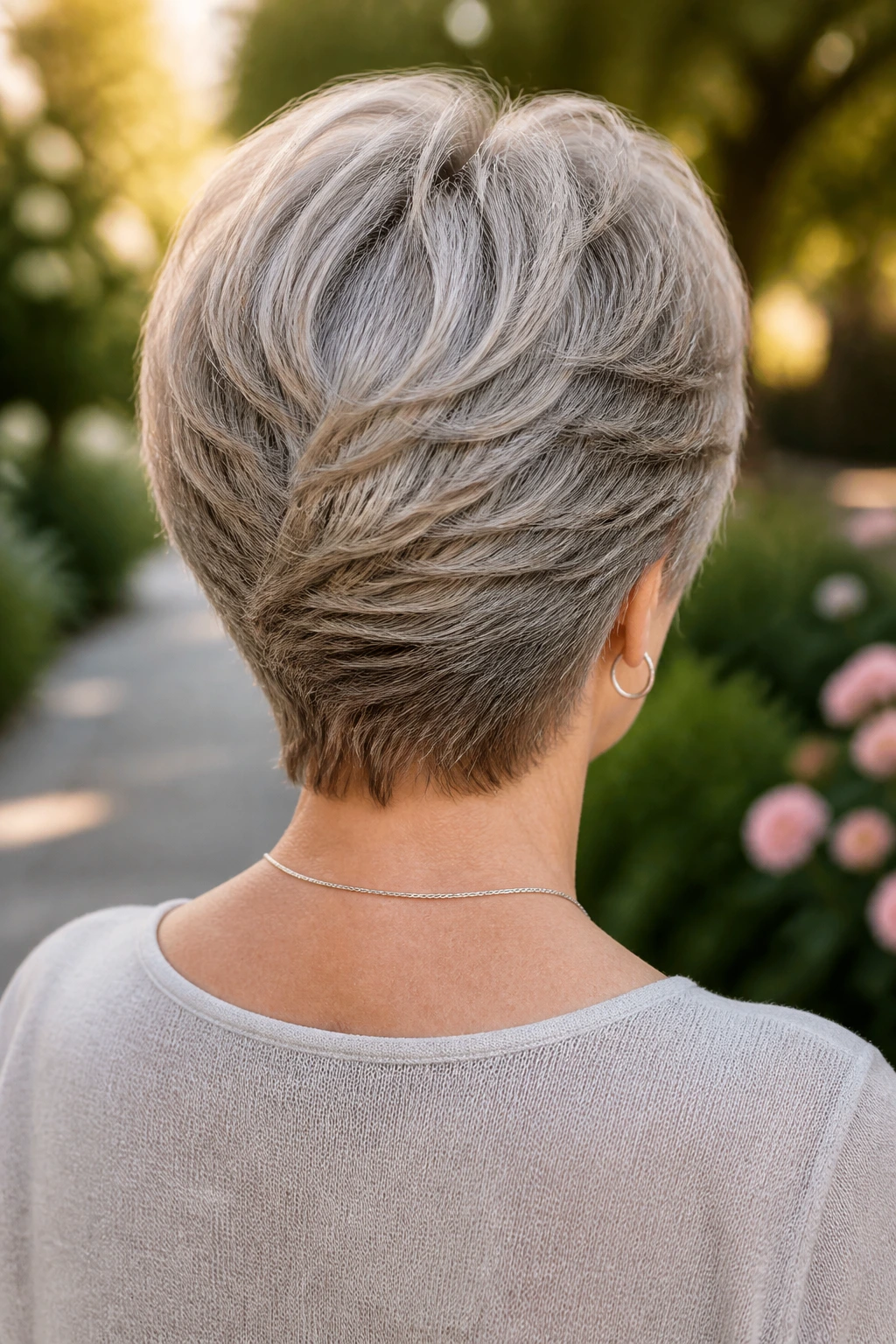Back view of a real woman with soft-neckline feathered cut