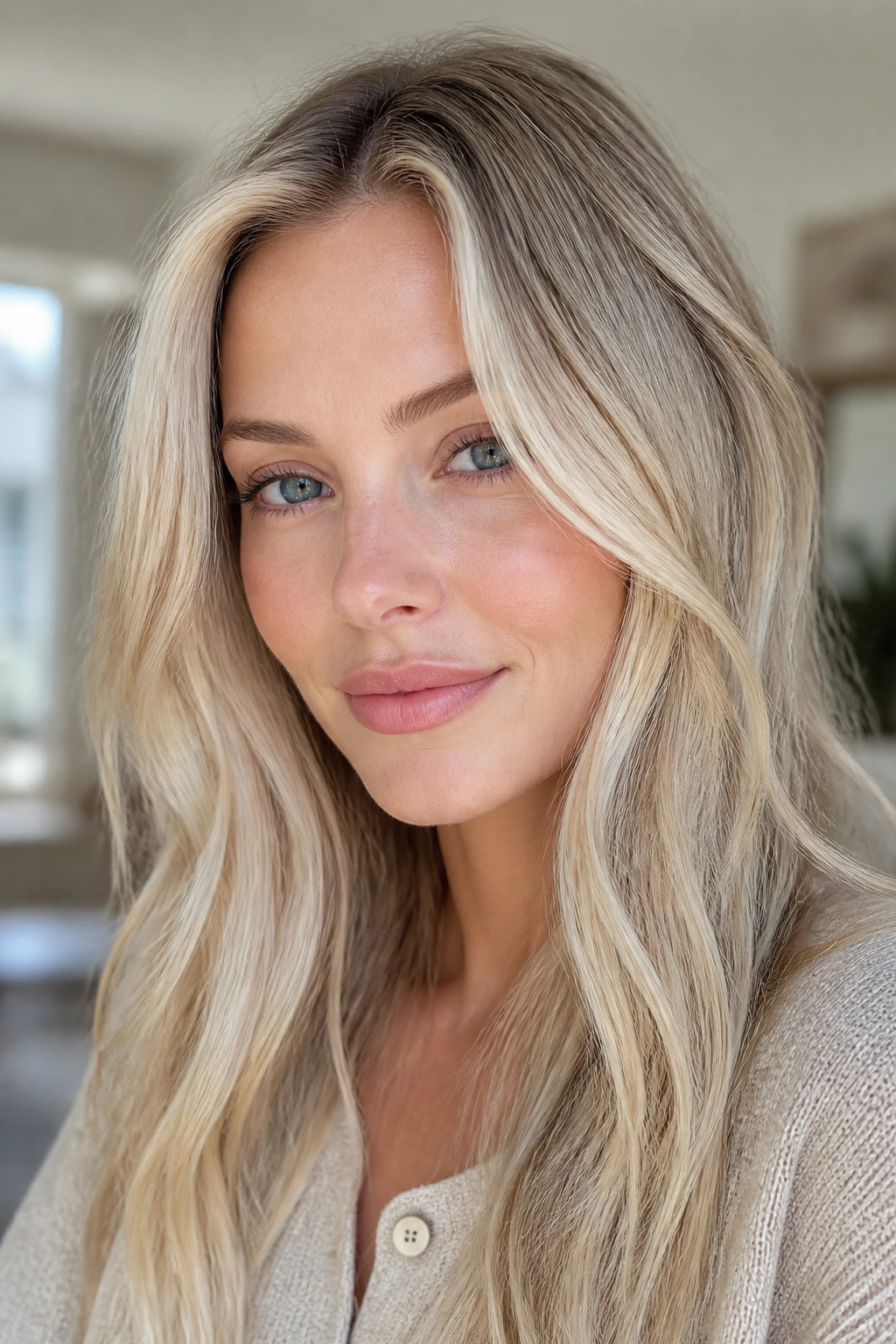Close-up portrait of a woman with cool pale Nordic blonde hair and softened roots in bright light