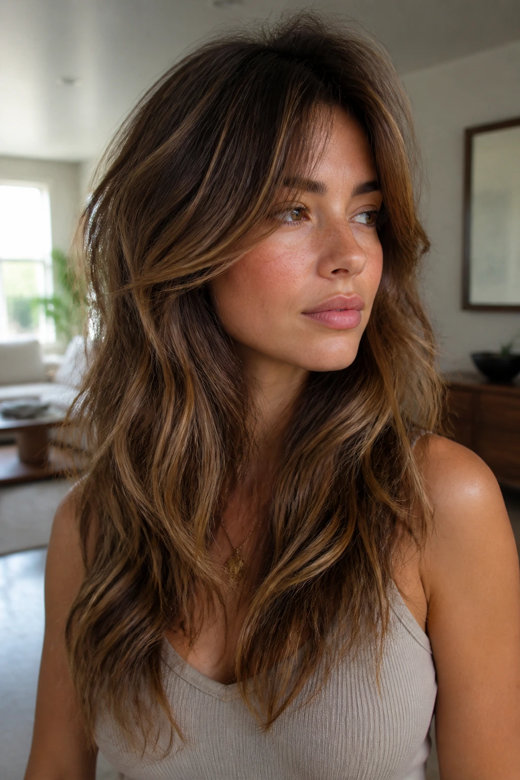 Close-up of a real woman with Soft Octopus Cut on Long Hair showing crown lift and soft layers