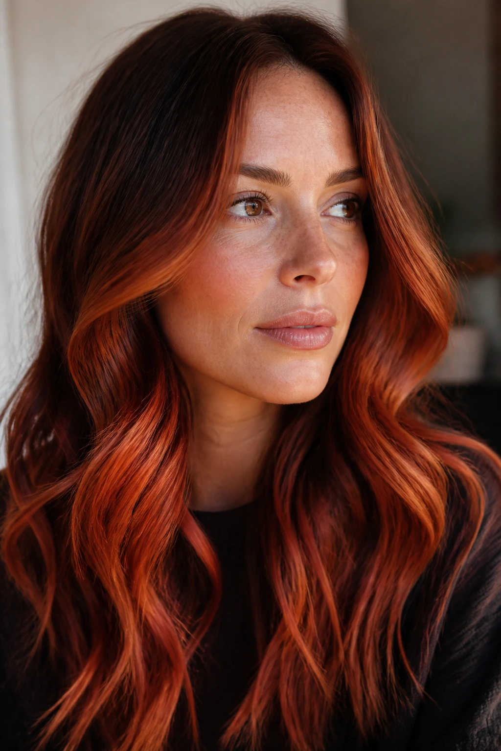 Close-up portrait of long red hair with auburn front panels and deep roots