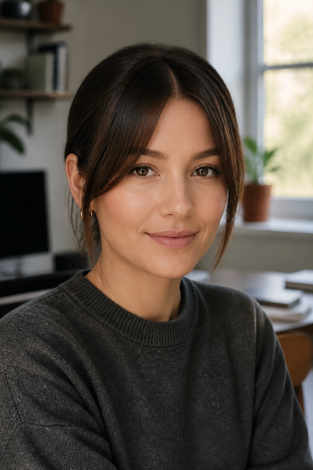 Close-up portrait of a real woman with soft office bangs in a middle-part, tucked behind the ears, warm window light.