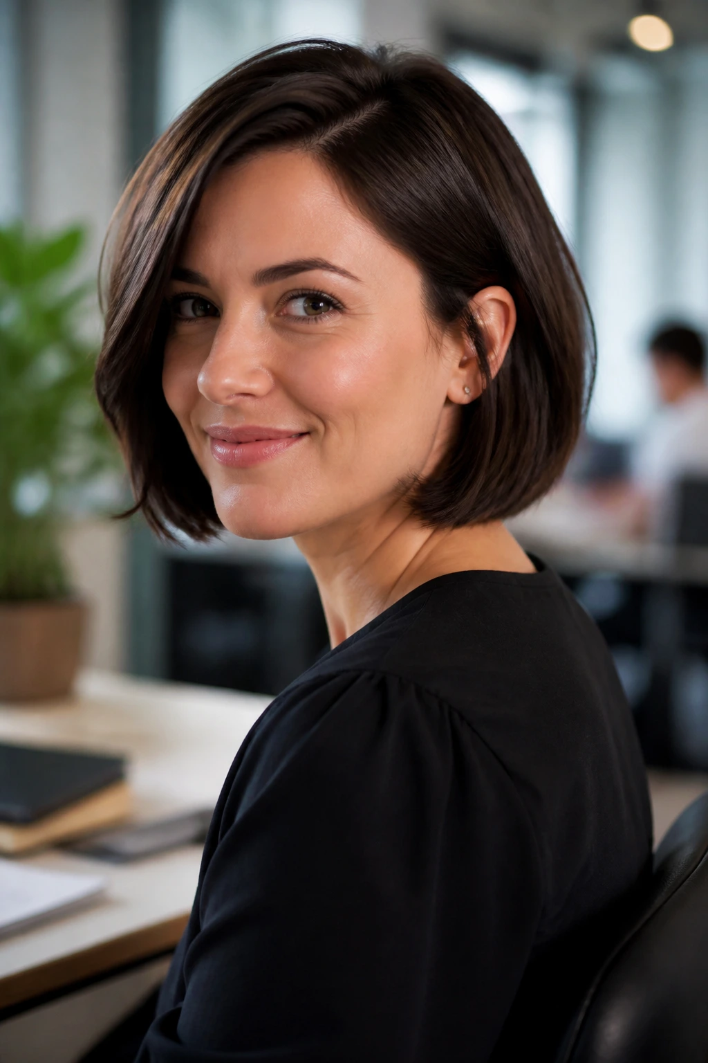Real woman with Soft Office Bob in a modern office setting
