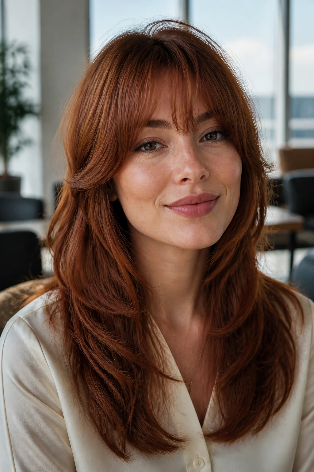 Close-up of Soft Office Copper wolf cut in auburn tones with soft fringe