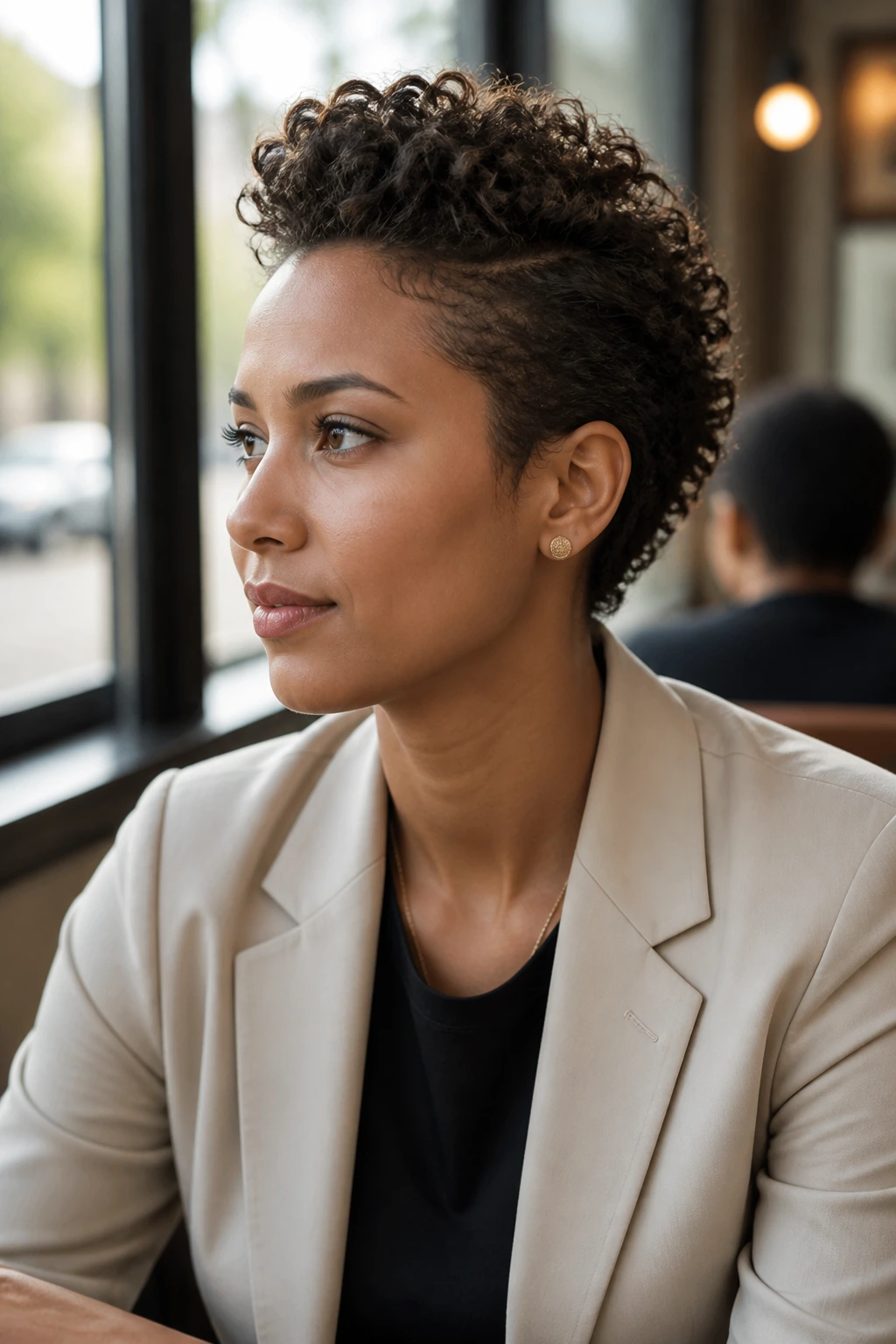 Portrait of person with Soft Office Hawk hairstyle, sides back and crown lowered