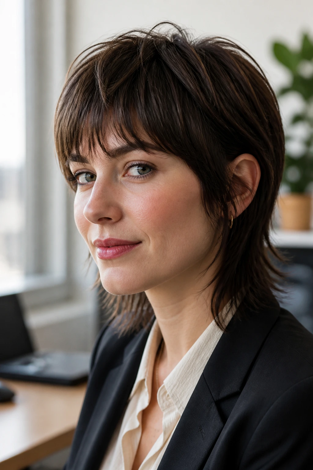 Portrait of a real person with soft office mullet in natural office light