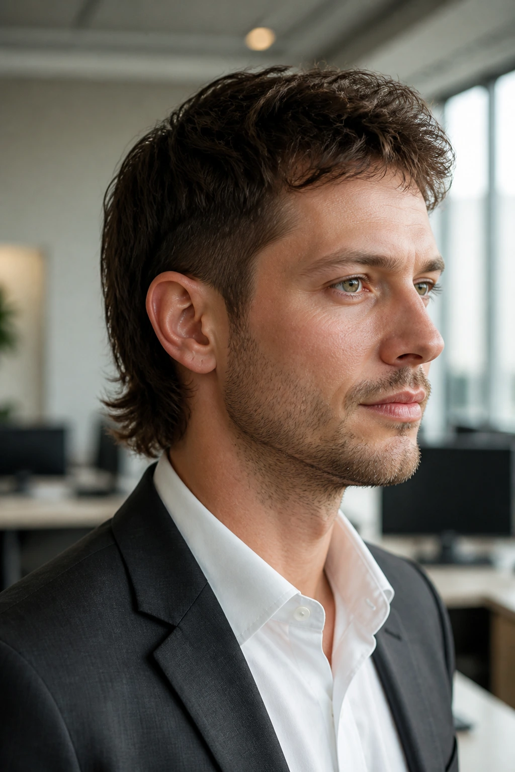 Portrait of a real person with a soft office mullet in a bright office setting