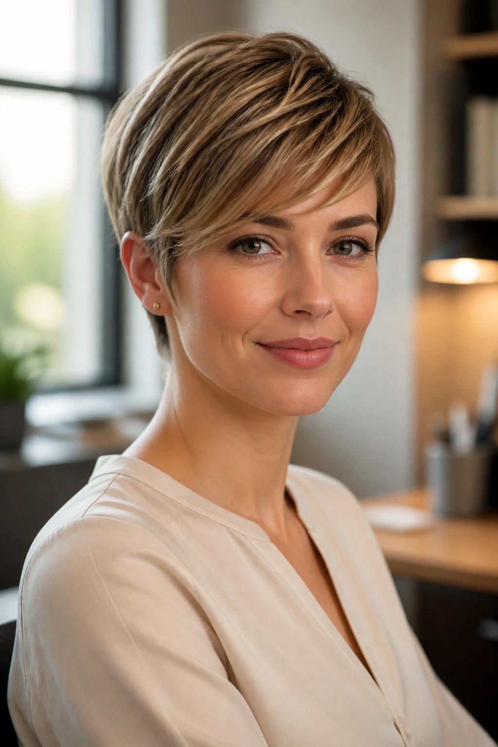 Portrait of woman with Soft-Office Pixie showing side-swept fringe and tidy nape in an office setting.