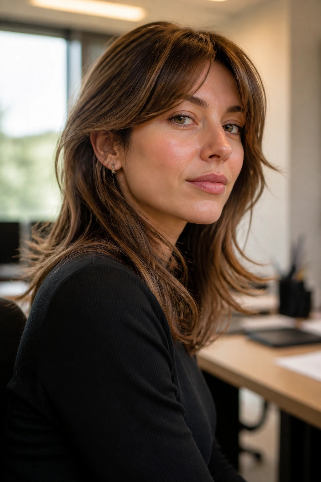 Close-up portrait of a real woman with Soft Office Shag hairstyle, long layers and light fringe tucked behind the ear in an office setting.