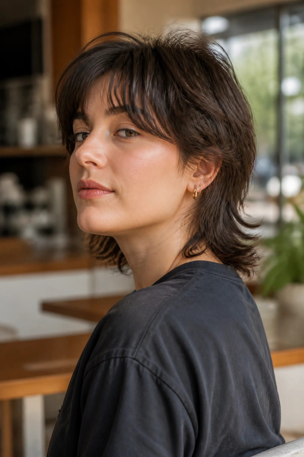 Portrait of a real person showing Soft Office Wolf hairstyle with longer fringe and collar-length nape