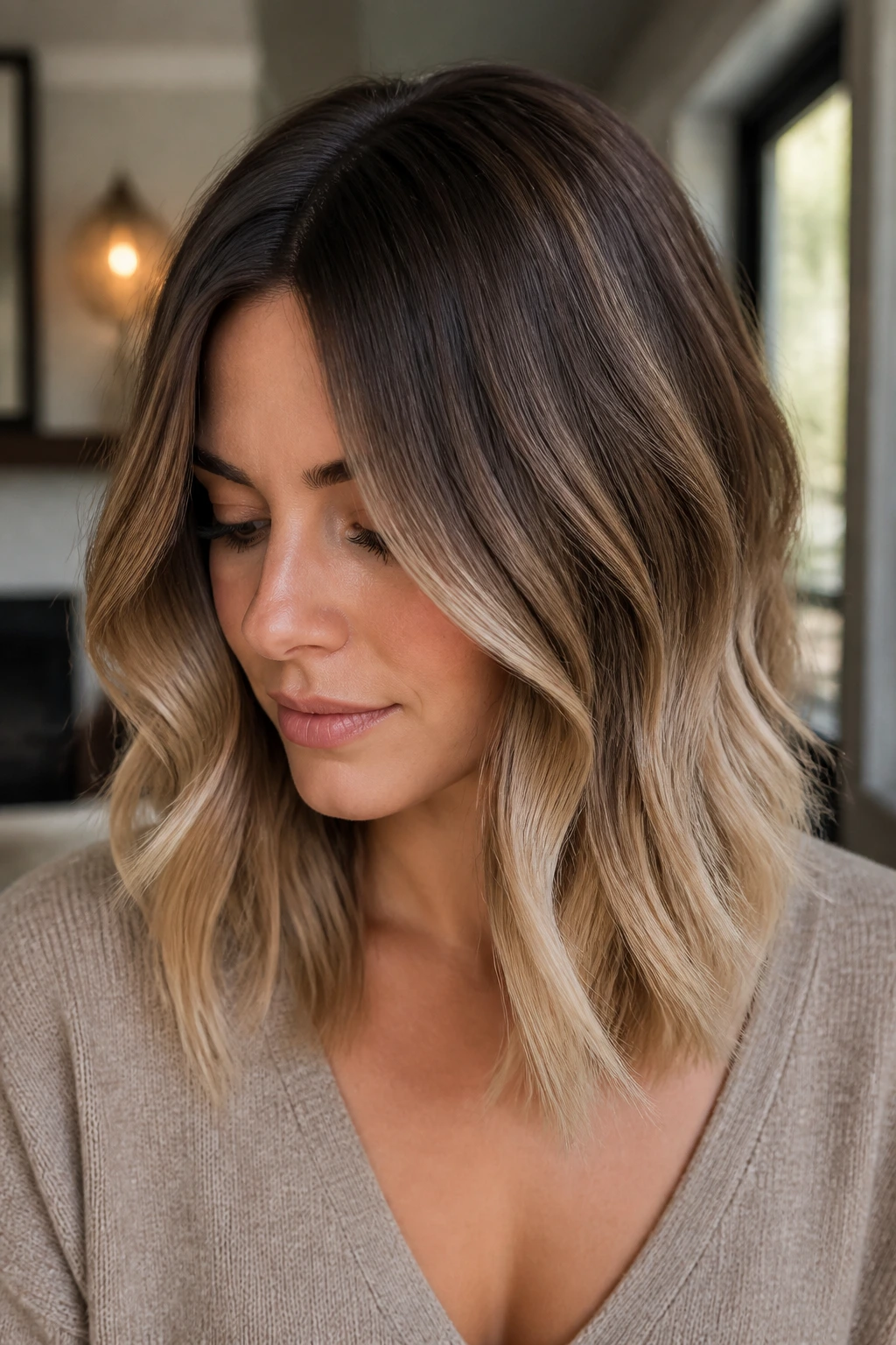 Real woman with soft ombré balayage on shoulder-length hair