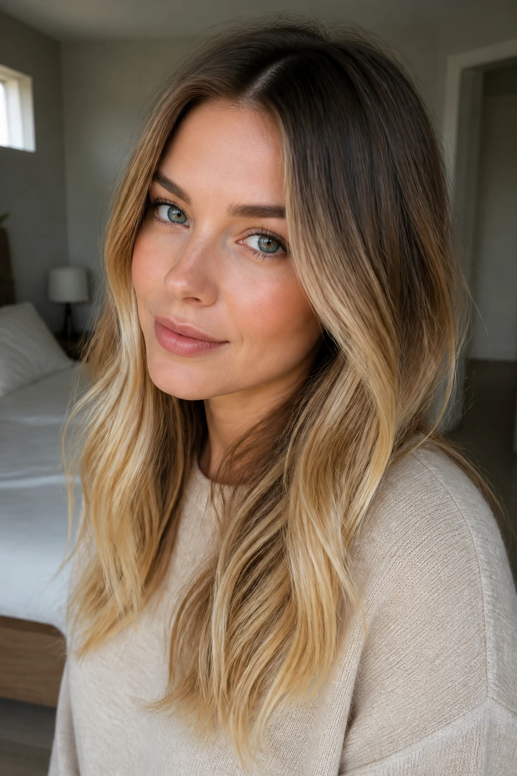 Close-up of a real person with soft ombré blonde hair.