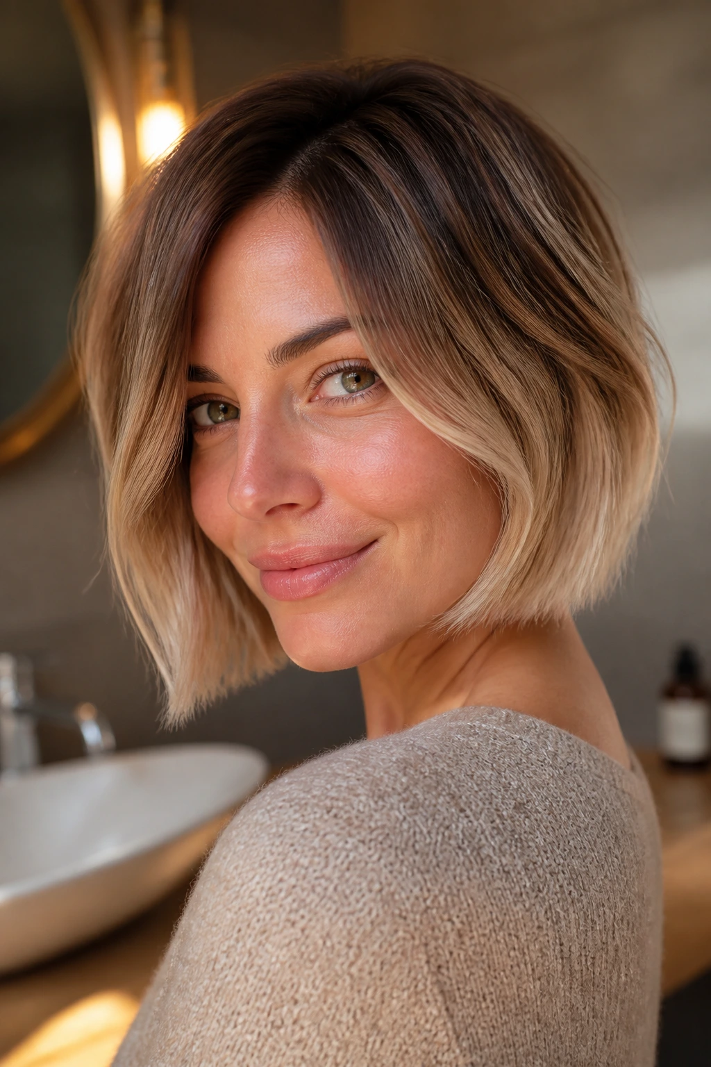 Close-up of a real woman with a jaw-length bob and soft ombré in warm bathroom light