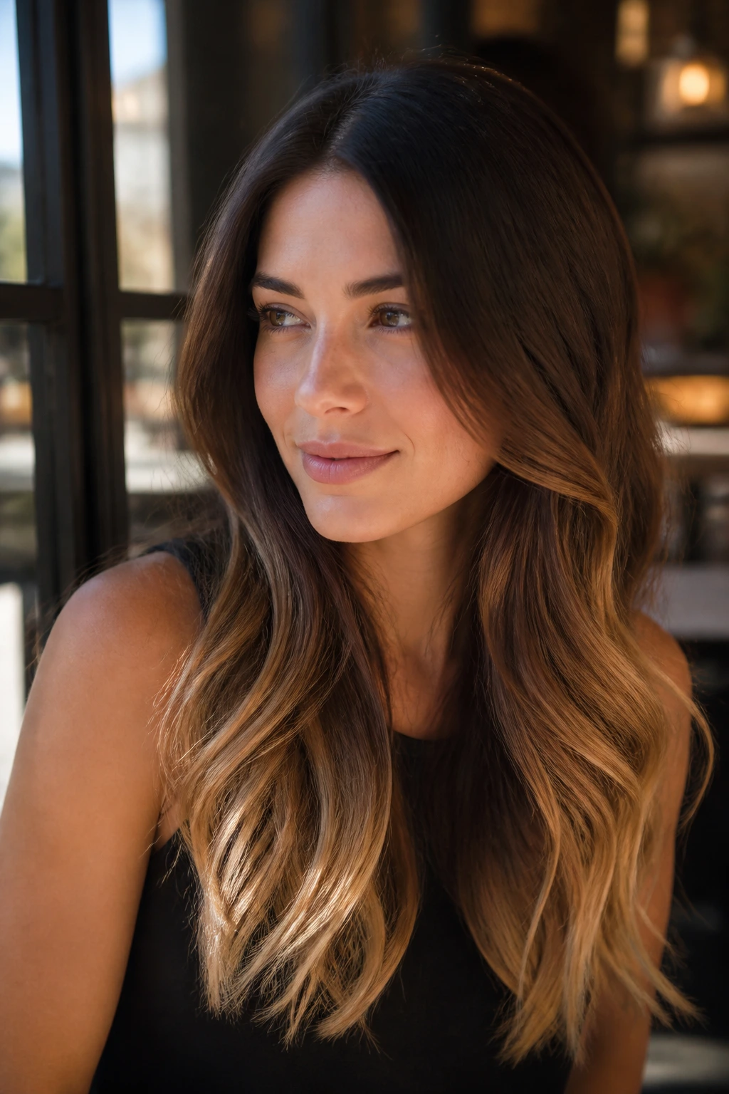 Close-up portrait of a real woman with soft ombré brunette hair and light ends in cafe light