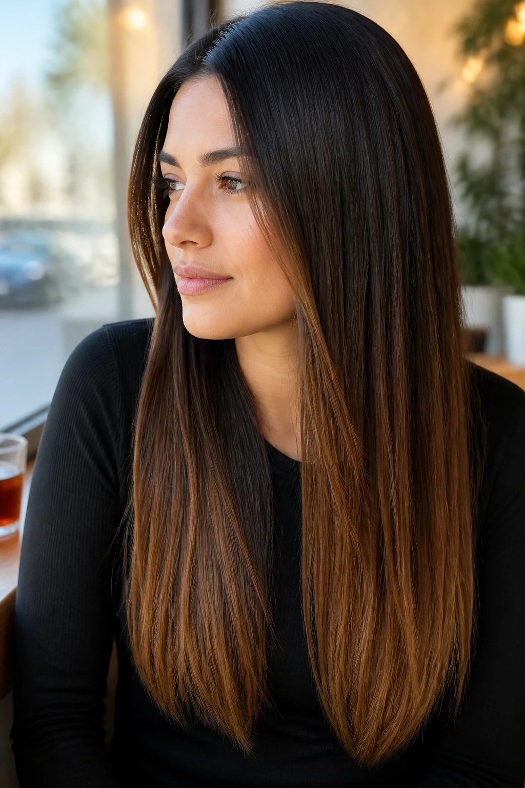 Close-up portrait of a real woman with soft ombré brunette hair showing a root-to-tip gradient