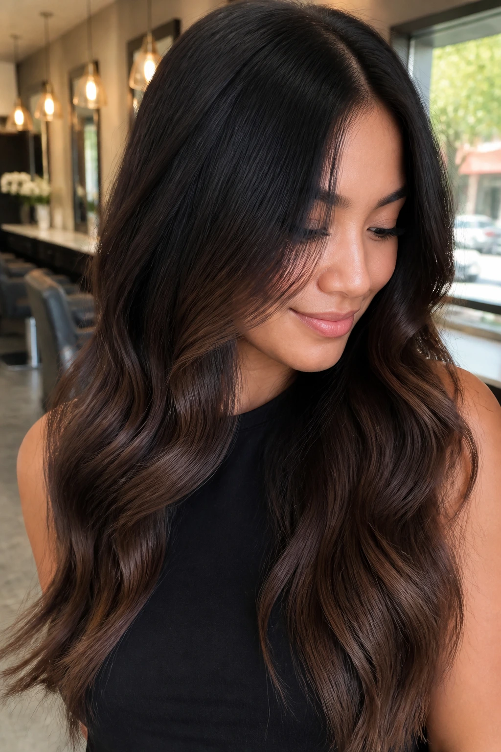 Close-up of soft ombré hair from dark roots to cocoa ends on a real person in a warm salon.