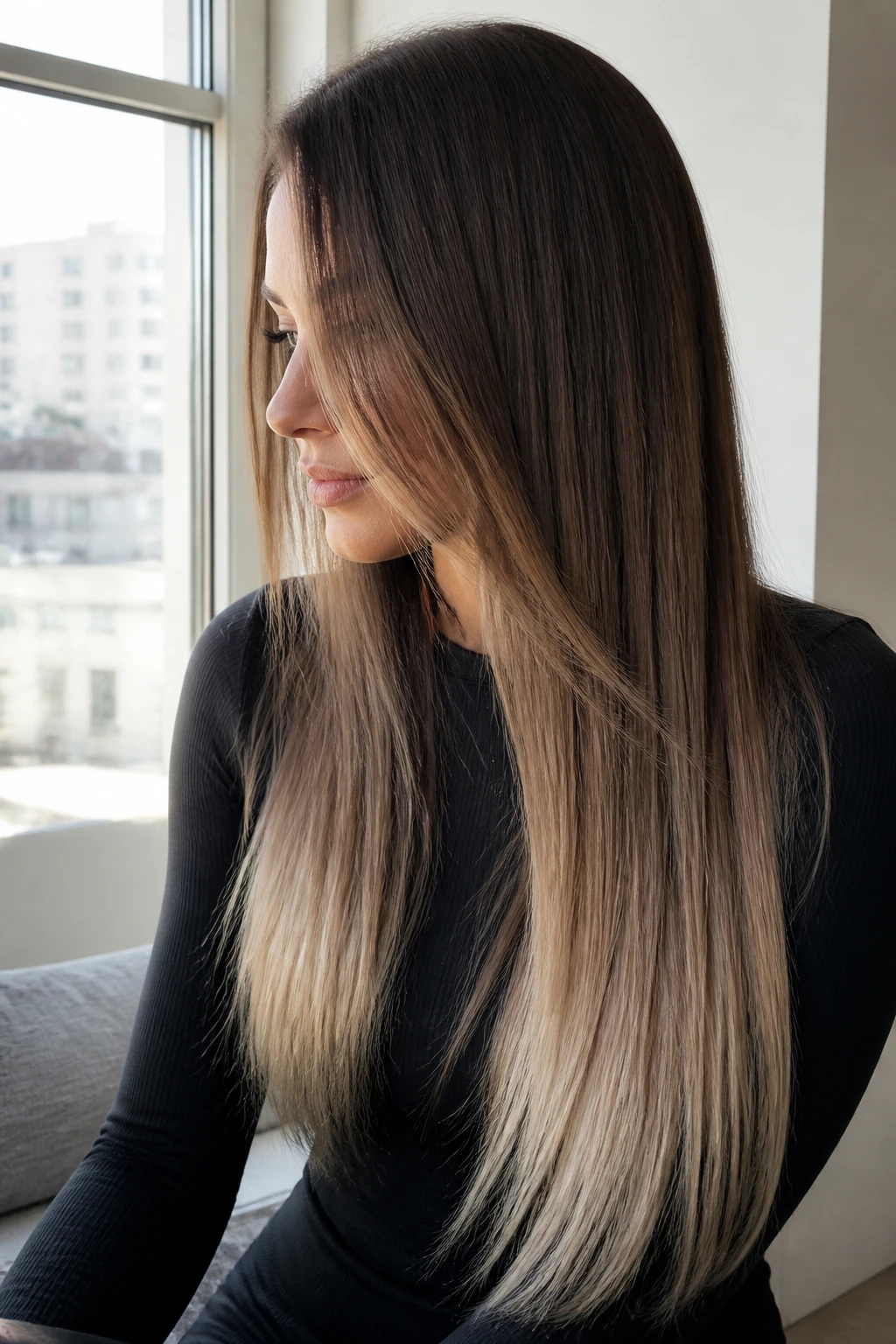 Close-up of a real woman with soft ombre ends on long straight hair in natural light