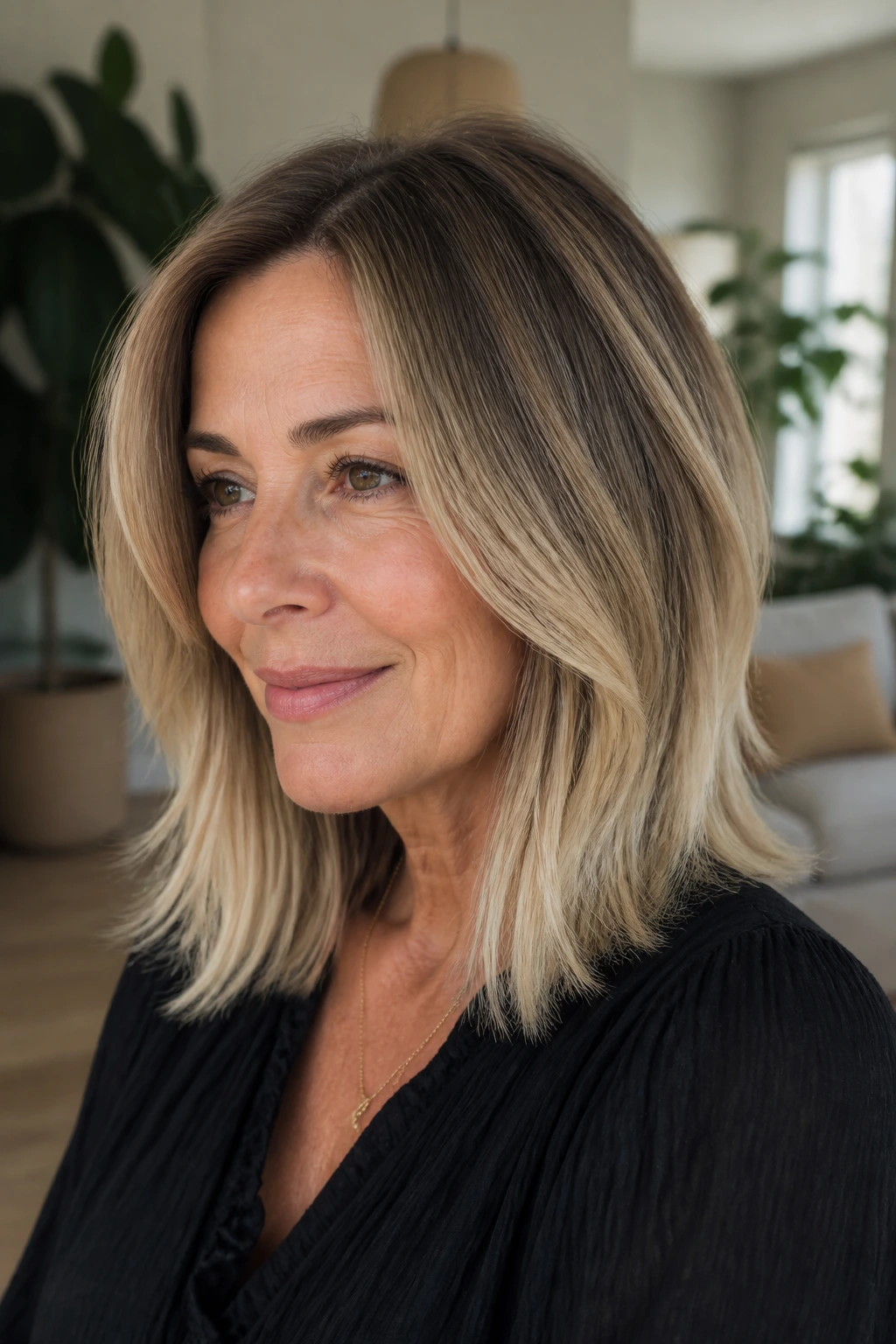 Real woman with soft ombré mid-length hair in natural window light.