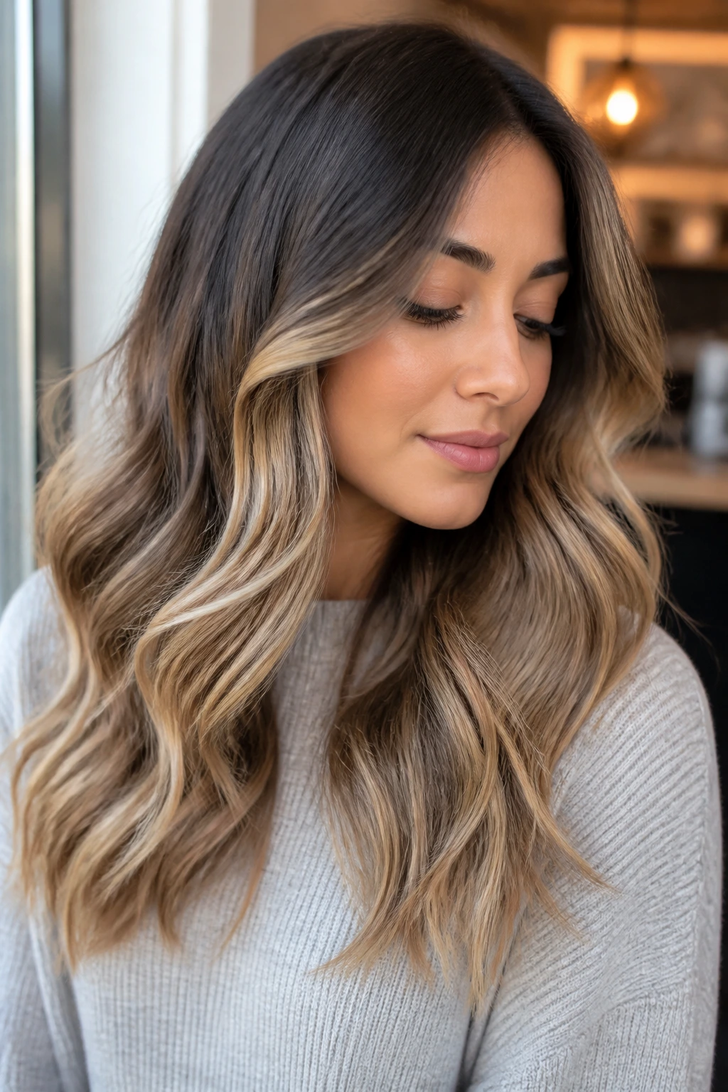 Portrait of a person with loose waves and a visible soft ombre blend