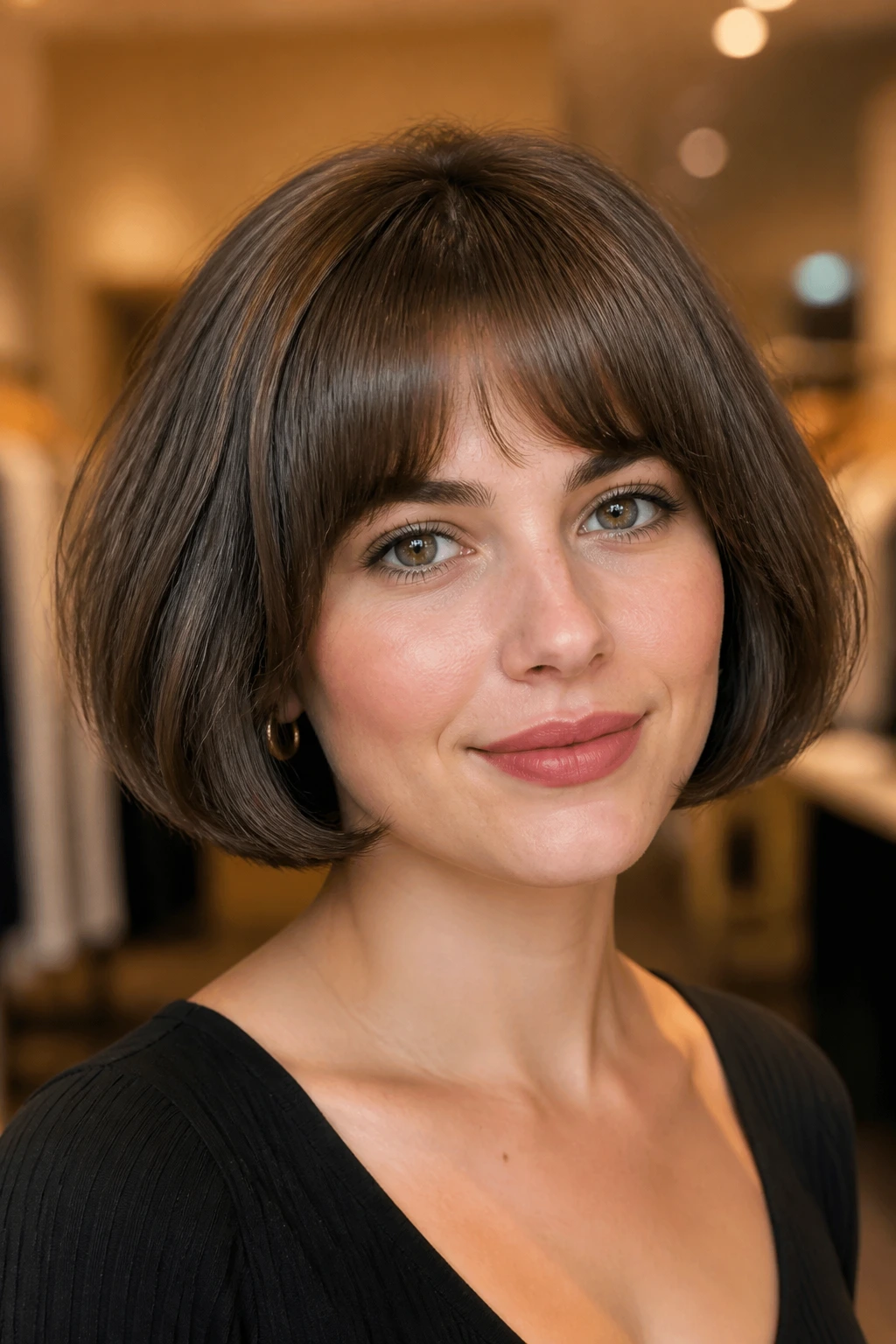 Close-up portrait of a real woman with a soft pageboy and arched bangs