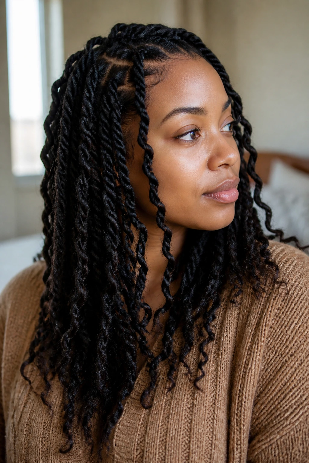 Real person with softly finished passion twists showing natural movement in diffuse daylight