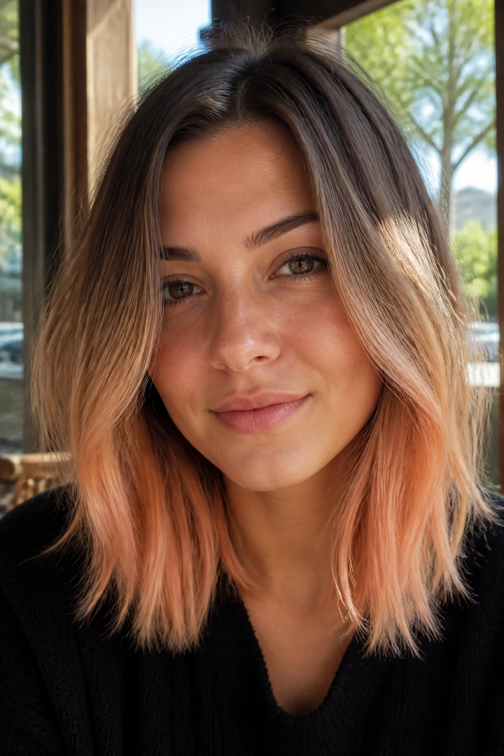 Close-up of real woman with soft peach ombre on collarbone-length hair in sunlight