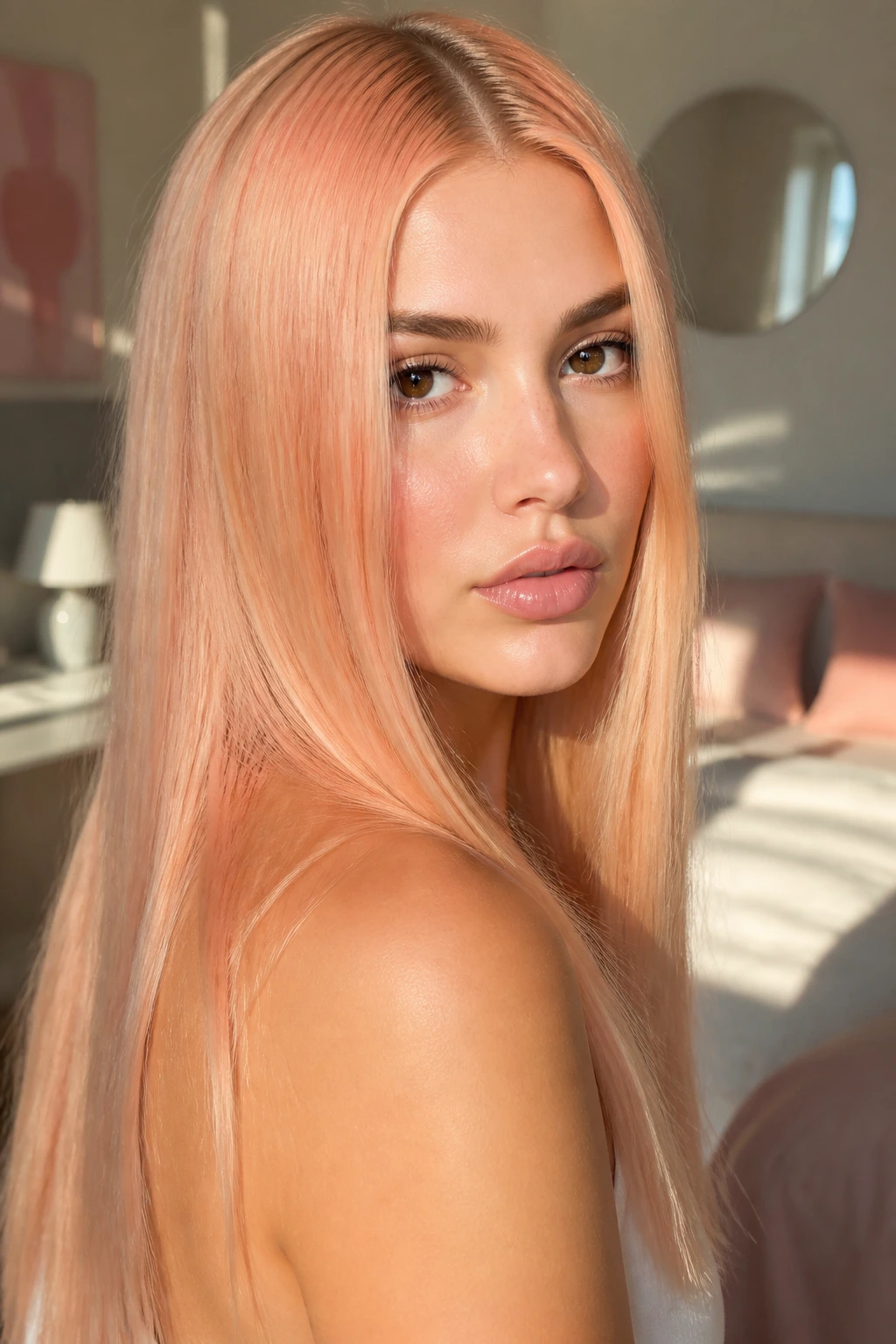 Close-up of a real person with soft peach tint hair on blonde base