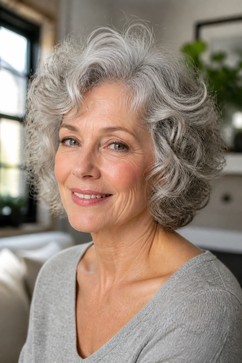Close-up of an older woman with loose curls from a soft perm in a sunlit room