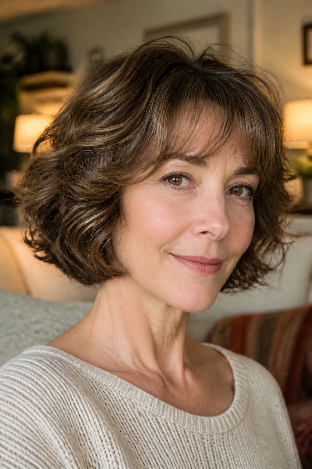 Close-up of soft permed bob with wispy curved fringe on a real woman.