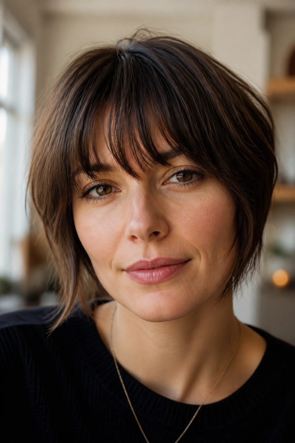 Close-up portrait showing soft curved piecey bangs on a square-faced person.