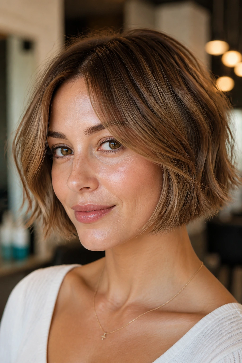 Close-up of a soft piecey chin-length bob on a real person