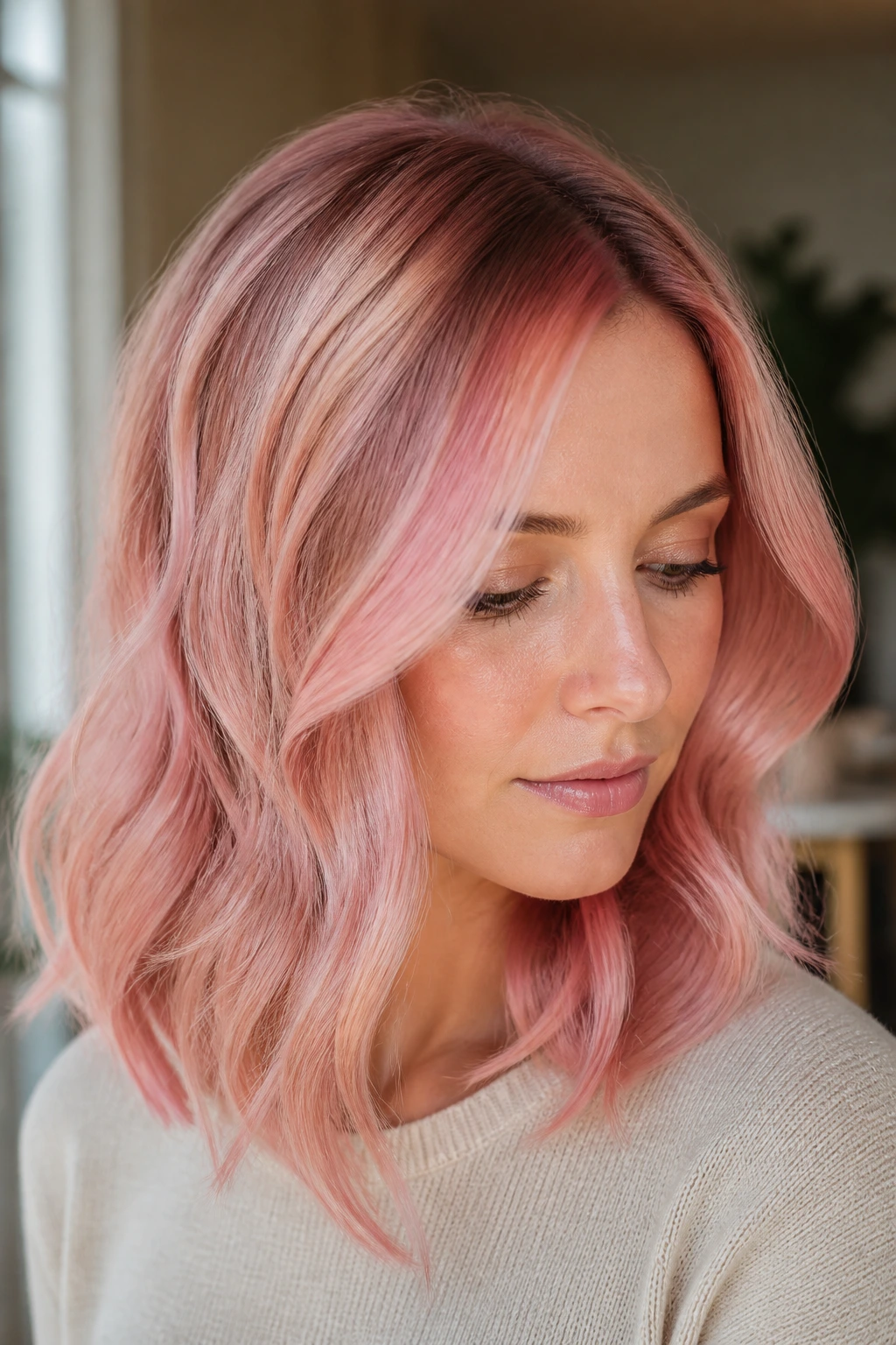 Real woman with soft pink hair in loose waves showing dimension