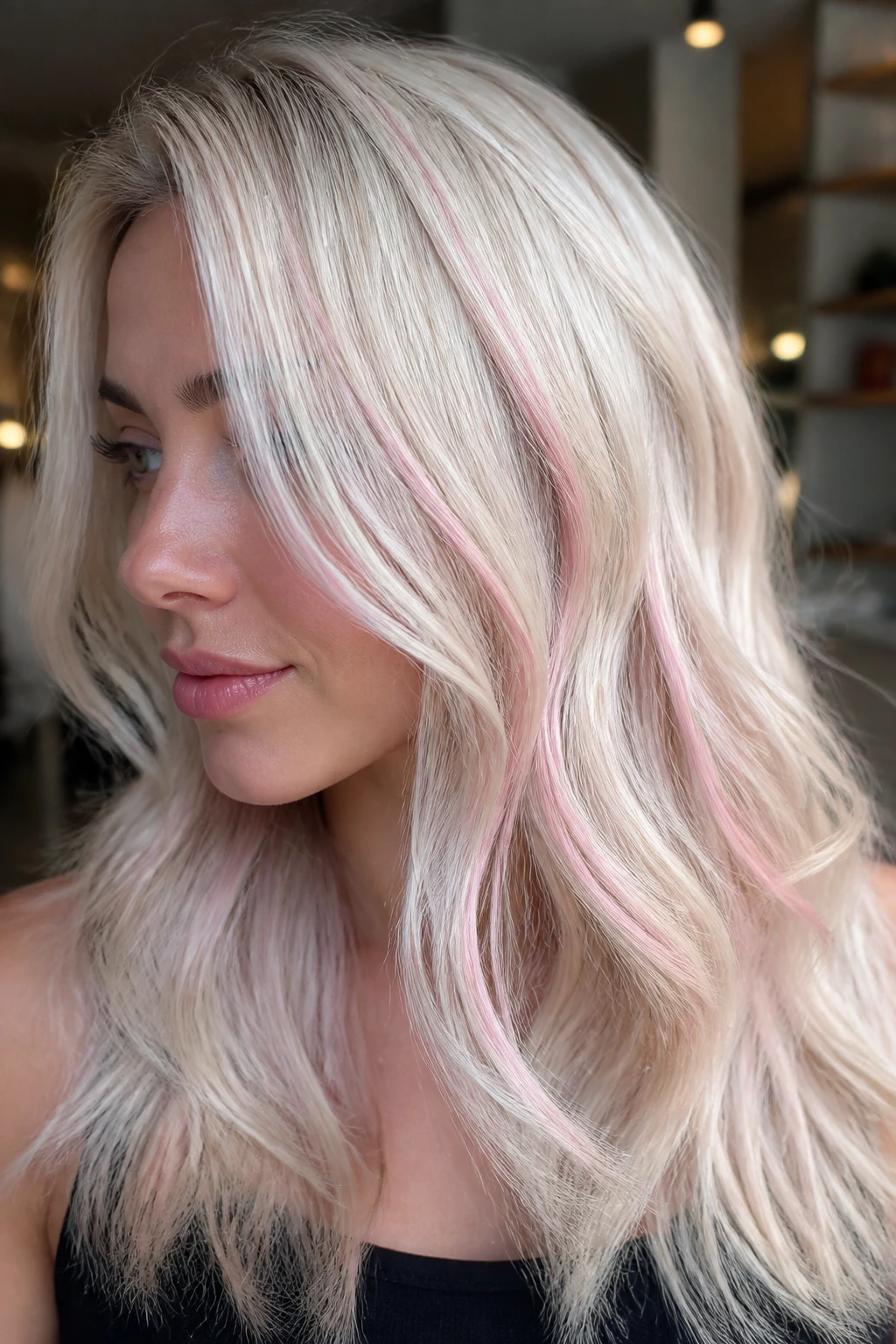Close-up of platinum hair with soft pink ribbons