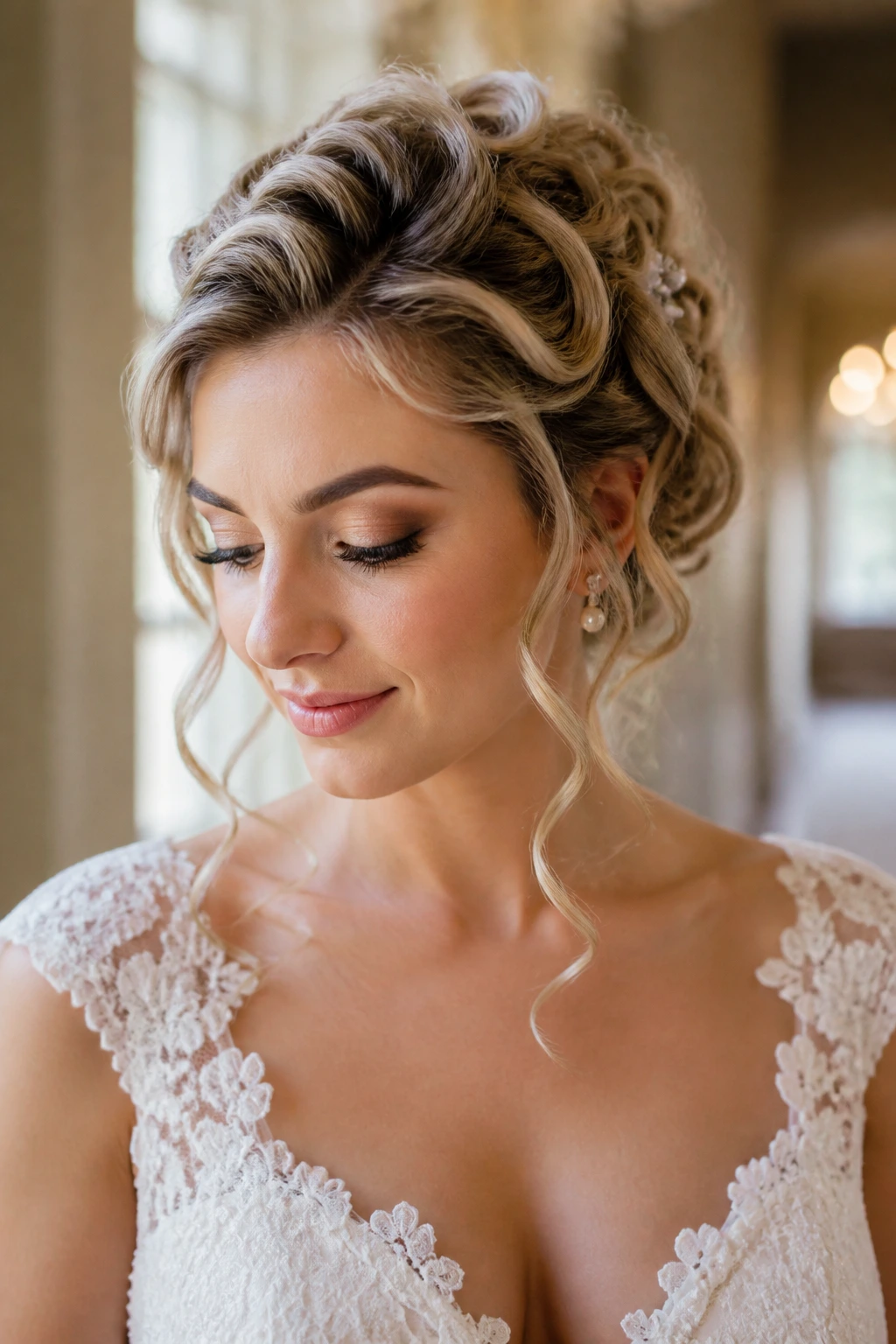 Close-up of a real bride with Soft Pinned Curls, sculpted curls pinned into a soft pattern